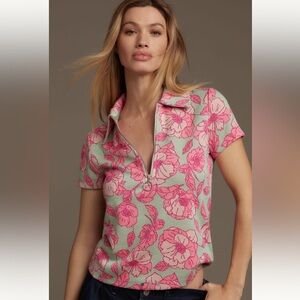 Anthropologie Mauve Shirt-Sleeve Floral Jacquard Top